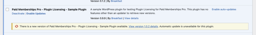 This screenshot shows a plugin with a pending update provided by a site selling plugins with Paid Memberships Pro. An Enable Updates plugin action link guides users to where they can enter a license key.