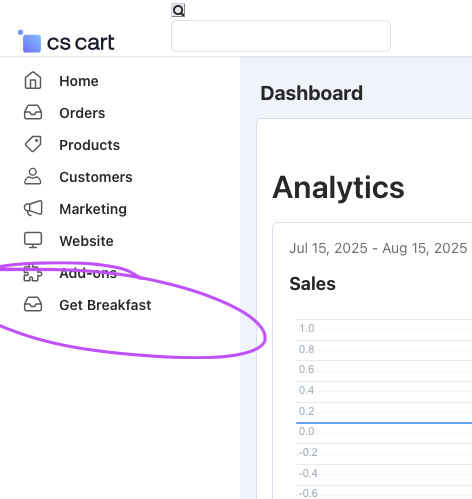Screenshot of the CS-Cart dashboard menu in version 18. A menu item "Get Breakfast" has been added below the last default item "Add-ons".