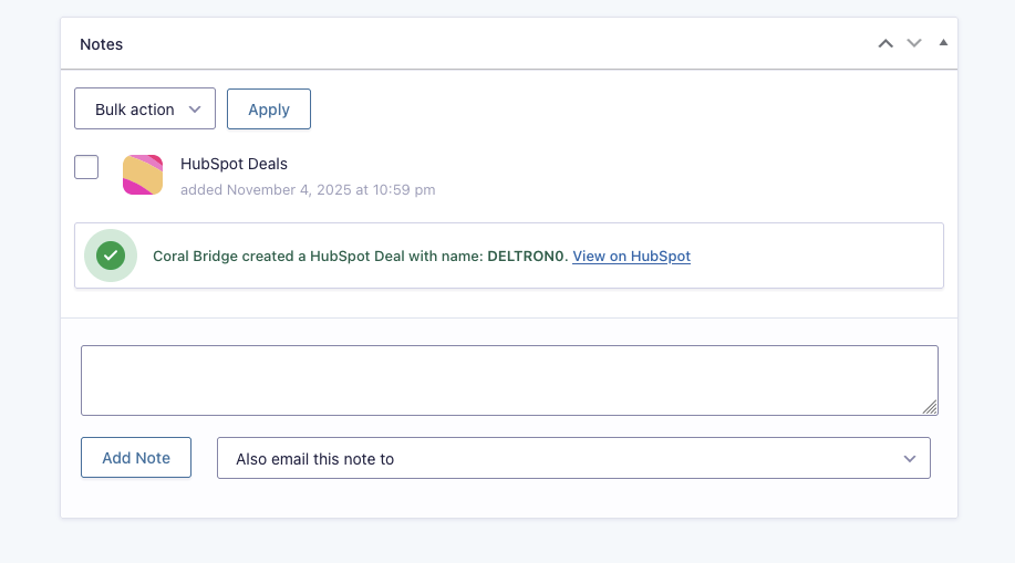 Screenshot of a Gravity Forms entry notes section in the administrative dashboard. A HubSpot Deals feed created a note that reads "Coral Bridge created a HubSpot Deal with name: CoreyHere176723. View on HubSpot"