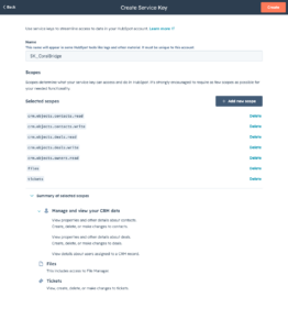 Screenshot of HubSpot's Create Service Key screen showing the name and scopes required for Coral Bridge.