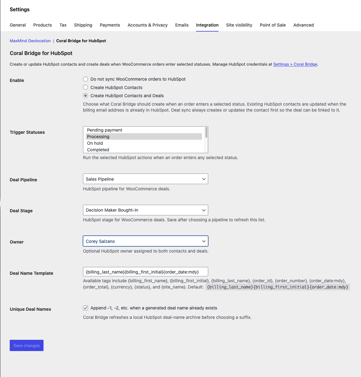Screenshot of the page at WooCommerce > Settings > Integration > Coral Bridge for HubSpot. Shows inputs to enable the feature and control what WooCommerce order statuses trigger the HubSpot integration.