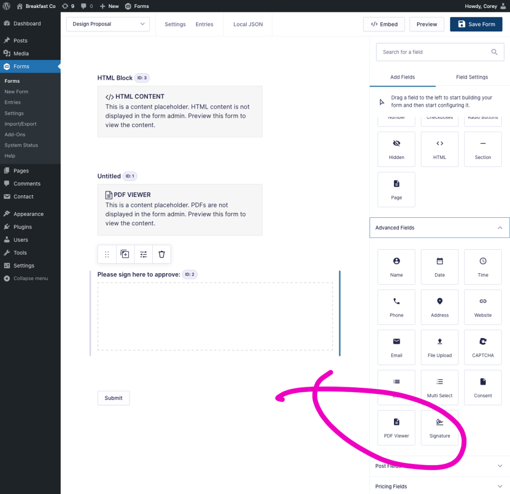 Screenshot of a PDF Viewer field type in the Gravity Forms form editor Advanced Fields tab.