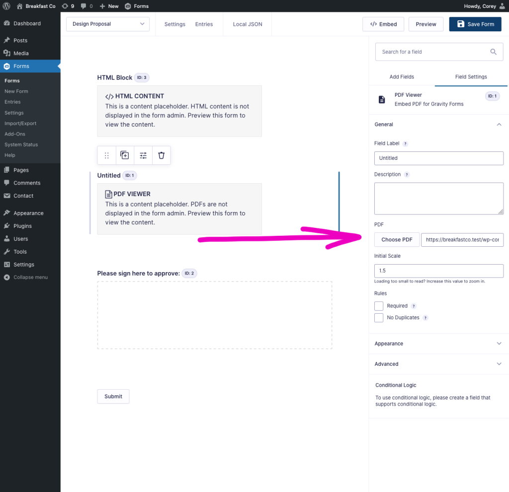 Screenshot of the form editor sidebar showing the PDF Viewer field settings.